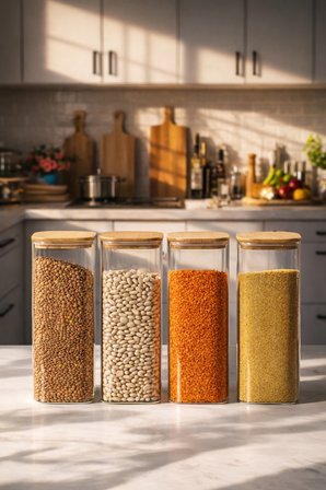 Porsima 7-4 Bambu Vakumlu Kapaklı Kare Borsilikat Cam 4lü Kavanoz Seti Saklama Kabı 1900ml 9,5x27cm