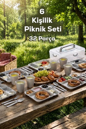 Porsima AC-101-1 32 Parça 6 Kişilik Pratik Piknik Seti - Saklama Kutulu Piknik Sepeti Gri