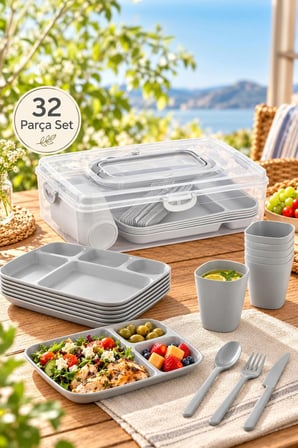 Porsima AC-101-1 32 Parça 6 Kişilik Pratik Piknik Seti - Saklama Kutulu Piknik Sepeti Gri