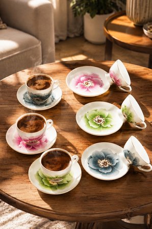 Porsima GC57-2442 12 Parça Yaldızlı Porselen Kahve Fincan Takımı - Mix Kahve Fincan Seti - 100ml