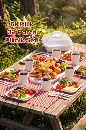 Porsima 0039-2 Karizma 32 Parça 6 Kişilik Pratik Taşınabilir Piknik Seti - Saklama Kutulu Beyaz