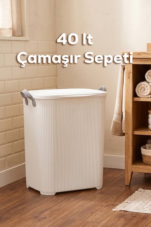 Porsima 0750-1 Stil Kapaklı Kirli Çamaşır Sepeti - Dikdörtgen Kirli Çamaşır Sepeti Beyaz 40Lt