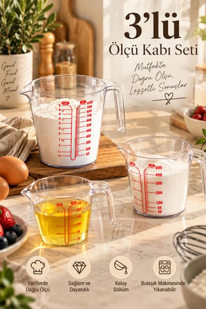Porsima 3lü Şeffaf Plastik Ölçek Kabı - Beher Mutfak Ölçü Kabı 250mL-500ml-1000ml