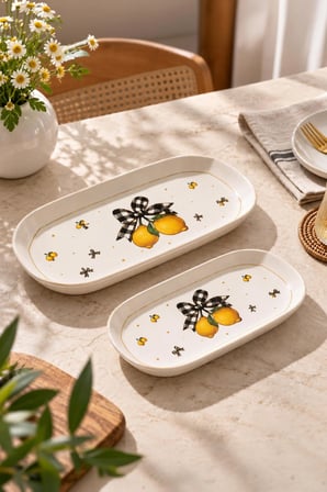 Porsima Lemon  Porselen 2li Kayık Tabak Seti - Oval Kahvaltılık Sunumluk Seti