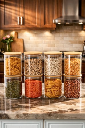 Porsima 1-4 Bambu Vakumlu Borosilikat Kapaklı Yuvarlak Cam 8li Kavanoz Seti Saklama Kabı 750ml 10x12cm