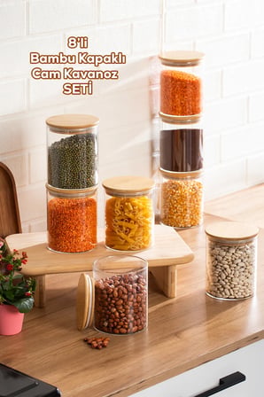 Porsima 1-4 Bambu Vakumlu Borosilikat Kapaklı Yuvarlak Cam 8li Kavanoz Seti Saklama Kabı 750ml 10x12cm