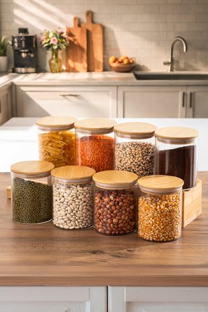 Porsima 1-4 Bambu Vakumlu Borosilikat Kapaklı Yuvarlak Cam 8li Kavanoz Seti Saklama Kabı 750ml 10x12cm