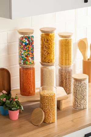Porsima 3-4 Bambu Borosilikat Vakumlu Kapaklı Yuvarlak Cam 8li Kavanoz Seti Saklama Kabı 1650ml 10x25cm