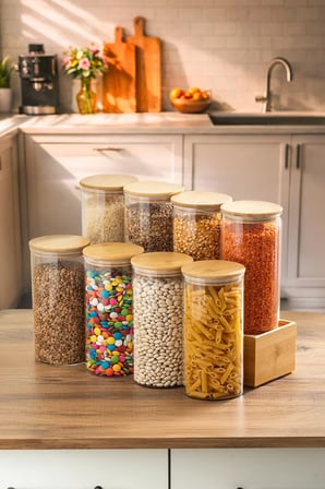 Porsima 3-4 Bambu Borosilikat Vakumlu Kapaklı Yuvarlak Cam 8li Kavanoz Seti Saklama Kabı 1650ml 10x25cm