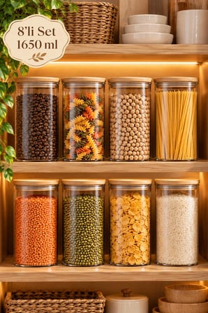 Porsima 3-4 Bambu Borosilikat Vakumlu Kapaklı Yuvarlak Cam 8li Kavanoz Seti Saklama Kabı 1650ml 10x25cm
