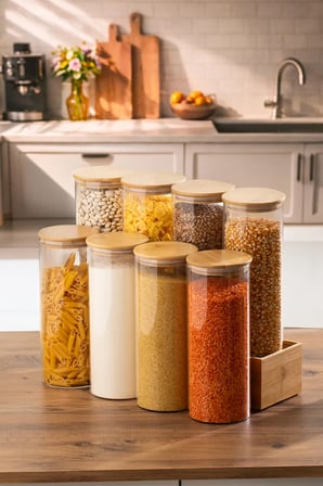 Porsima 4-4 Bambu Borosilikat Vakumlu Kapaklı Yuvarlak Cam 8li Kavanoz Seti Saklama Kabı 2100ml 10x30cm