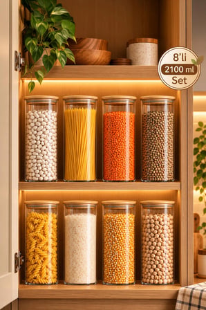 Porsima 4-4 Bambu Borosilikat Vakumlu Kapaklı Yuvarlak Cam 8li Kavanoz Seti Saklama Kabı 2100ml 10x30cm