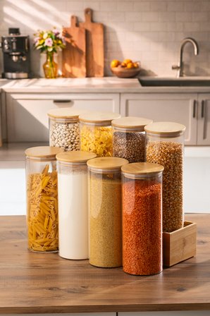 Porsima 4-4 Bambu Borosilikat Vakumlu Kapaklı Yuvarlak Cam 8li Kavanoz Seti Saklama Kabı 2100ml 10x30cm