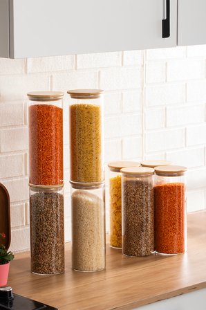 Porsima 4-4 Bambu Borosilikat Vakumlu Kapaklı Yuvarlak Cam 8li Kavanoz Seti Saklama Kabı 2100ml 10x30cm