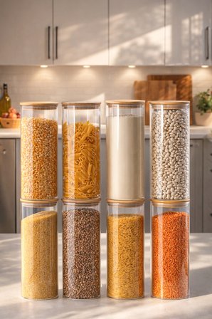 Porsima 4-4 Bambu Borosilikat Vakumlu Kapaklı Yuvarlak Cam 8li Kavanoz Seti Saklama Kabı 2100ml 10x30cm