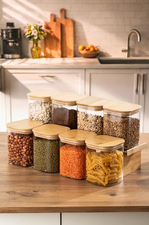 Porsima 5-4 Bambu Vakumlu Kapaklı Kare Borsilikat Cam 8li Kavanoz Seti Saklama Kabı 750ml 7,5x15cm