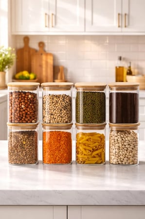 Porsima 5-4 Bambu Vakumlu Kapaklı Kare Borsilikat Cam 8li Kavanoz Seti Saklama Kabı 750ml 7,5x15cm