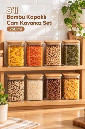 Porsima 5-4 Bambu Vakumlu Kapaklı Kare Borsilikat Cam 8li Kavanoz Seti Saklama Kabı 750ml 7,5x15cm