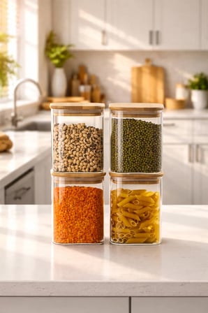 Porsima 6-4 Bambu Vakumlu Kapaklı Kare Borsilikat Cam 8li Kavanoz Seti Saklama Kabı 1250ml 9,5x15cm