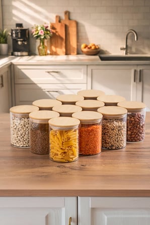 Porsima 1-4 Bambu Vakumlu Kapaklı Yuvarlak Cam 12li Kavanoz Seti Saklama Kabı 750ml 10x12cm