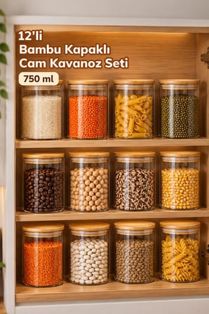 Porsima 1-4 Bambu Vakumlu Kapaklı Yuvarlak Cam 12li Kavanoz Seti Saklama Kabı 750ml 10x12cm