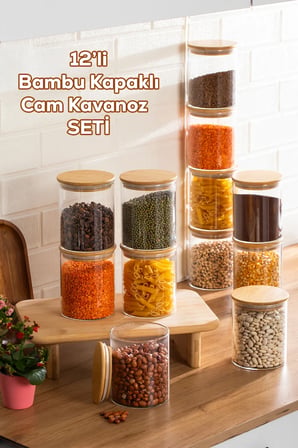 Porsima 1-4 Bambu Vakumlu Kapaklı Yuvarlak Cam 12li Kavanoz Seti Saklama Kabı 750ml 10x12cm