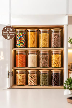 Porsima 2-4 Bambu Borosilikat Vakumlu Kapaklı Yuvarlak Cam 12li Kavanoz Seti Saklama Kabı 1300ml 10x20cm