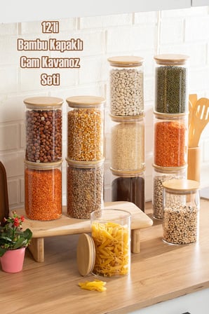 Porsima 2-4 Bambu Borosilikat Vakumlu Kapaklı Yuvarlak Cam 12li Kavanoz Seti Saklama Kabı 1300ml 10x20cm