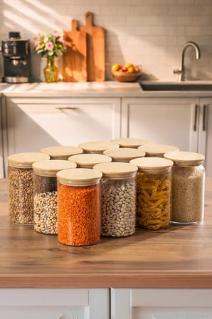 Porsima 2-4 Bambu Borosilikat Vakumlu Kapaklı Yuvarlak Cam 12li Kavanoz Seti Saklama Kabı 1300ml 10x20cm