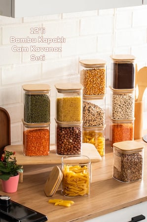 Porsima 5-4 Bambu Vakumlu Kapaklı Kare Borsilikat Cam 12li Kavanoz Seti Saklama Kabı 750ml 7,5x15cm
