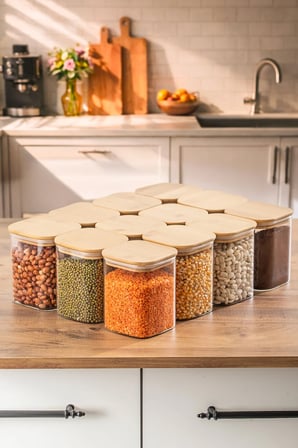 Porsima 5-4 Bambu Vakumlu Kapaklı Kare Borsilikat Cam 12li Kavanoz Seti Saklama Kabı 750ml 7,5x15cm