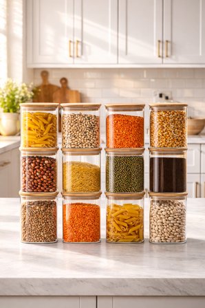 Porsima 5-4 Bambu Vakumlu Kapaklı Kare Borsilikat Cam 12li Kavanoz Seti Saklama Kabı 750ml 7,5x15cm