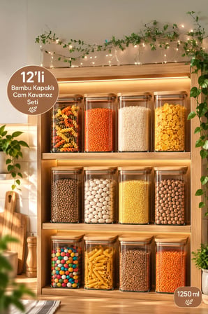 Porsima 6-4 Bambu Vakumlu Kapaklı Kare Borsilikat Cam 12li Kavanoz Seti Saklama Kabı 1250ml 9,5x15cm