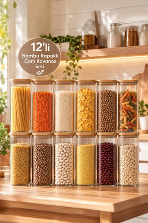 Porsima 7-4 Bambu Vakumlu Kapaklı Kare Borsilikat Cam 12li Kavanoz Seti Saklama Kabı 1900ml 9,5x27cm