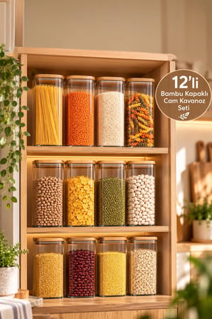Porsima 7-4 Bambu Vakumlu Kapaklı Kare Borsilikat Cam 12li Kavanoz Seti Saklama Kabı 1900ml 9,5x27cm