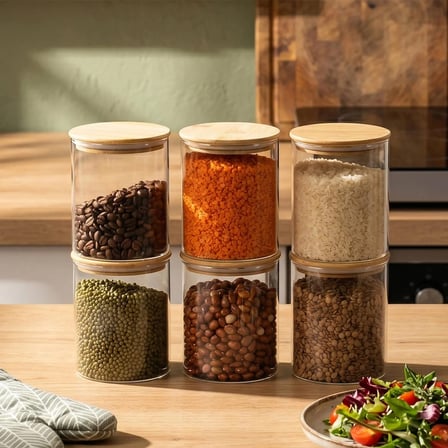 Porsima 1-3 Bambu Vakumlu Kapaklı Yuvarlak Borosilikat Cam 6lı Kavanoz Seti Saklama Kabı 750ml 10x12cm