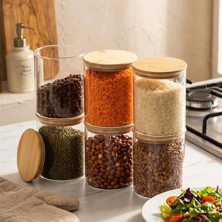 Porsima 1-3 Bambu Vakumlu Kapaklı Yuvarlak Borosilikat Cam 6lı Kavanoz Seti Saklama Kabı 750ml 10x12cm