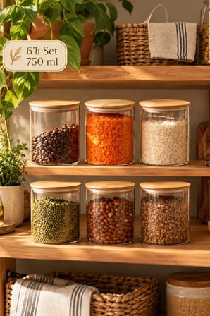 Porsima 1-3 Bambu Vakumlu Kapaklı Yuvarlak Borosilikat Cam 6lı Kavanoz Seti Saklama Kabı 750ml 10x12cm