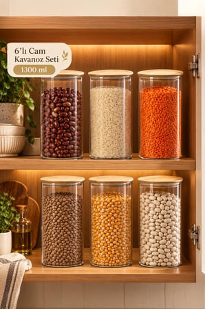 Porsima 2-3 Bambu Vakumlu Kapaklı Yuvarlak Borosilikat Cam 6lı Saklama Kabı 1300ml 10x20cm