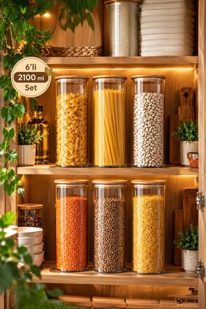 Porsima 4-3 Bambu Vakumlu Kapaklı Borosilikat Cam 6lı Saklama Kabı 2100ml 10x30cm Cam - Şeffaf
