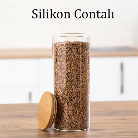 Porsima 4-3 Bambu Vakumlu Kapaklı Borosilikat Cam 6lı Saklama Kabı 2100ml 10x30cm Cam - Şeffaf
