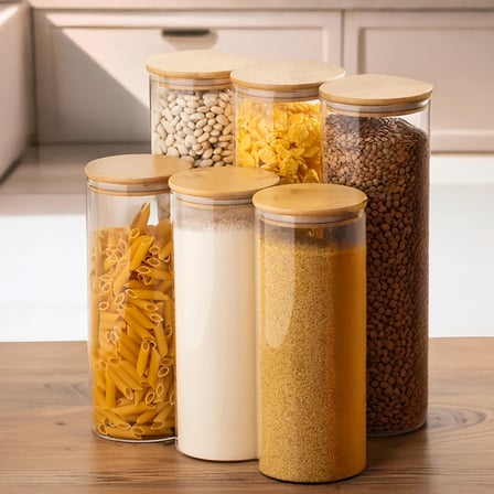 Porsima 4-3 Bambu Vakumlu Kapaklı Borosilikat Cam 6lı Saklama Kabı 2100ml 10x30cm Cam - Şeffaf