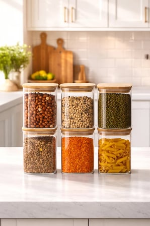 Porsima 5-3 Bambu Vakumlu Kapaklı Kare Borsilikat Cam 6lı Kavanoz Seti Saklama Kabı 750ml 7,5x15cm