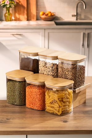Porsima 5-3 Bambu Vakumlu Kapaklı Kare Borsilikat Cam 6lı Kavanoz Seti Saklama Kabı 750ml 7,5x15cm