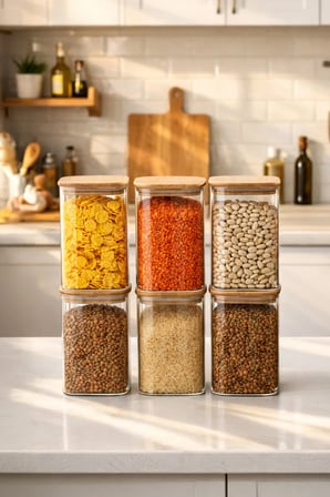 Porsima 6-3 Bambu Vakumlu Kapaklı Kare Borsilikat Cam 6lı Kavanoz Seti Saklama Kabı 1250ml 9,5x15cm