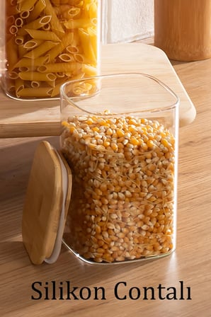 Porsima 6-3 Bambu Vakumlu Kapaklı Kare Borsilikat Cam 6lı Kavanoz Seti Saklama Kabı 1250ml 9,5x15cm