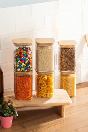 Porsima 6-3 Bambu Vakumlu Kapaklı Kare Borsilikat Cam 6lı Kavanoz Seti Saklama Kabı 1250ml 9,5x15cm