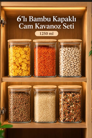 Porsima 6-3 Bambu Vakumlu Kapaklı Kare Borsilikat Cam 6lı Kavanoz Seti Saklama Kabı 1250ml 9,5x15cm