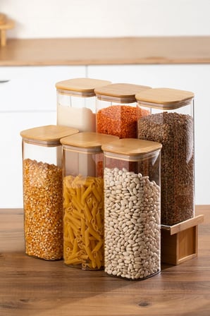 Porsima 7-3 Bambu Vakumlu Kapaklı Kare Borsilikat Cam 6lı Kavanoz Seti Saklama Kabı 1900ml 9,5x27cm