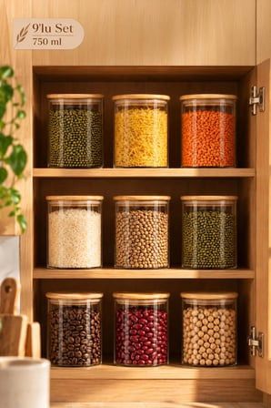 Porsima 1-3 Bambu Vakumlu Kapaklı Yuvarlak Borosilikat Cam 9lu Saklama Kabı 750ml 10x12cm